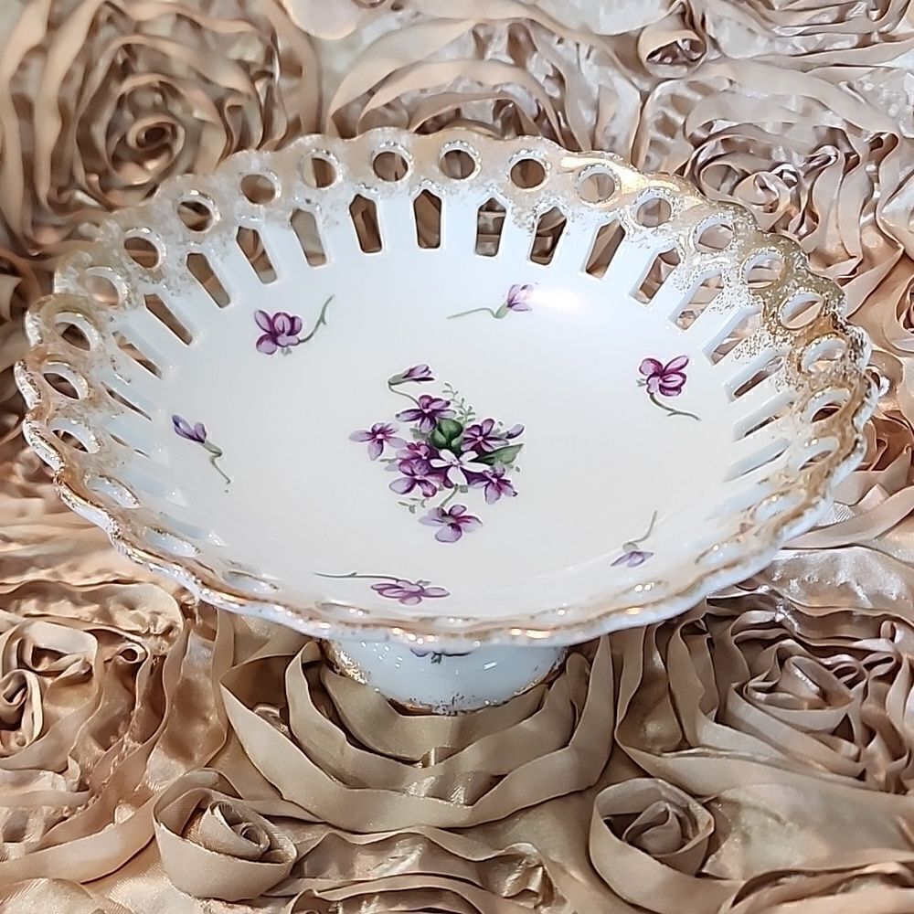 Vintage Thames Handpainted Dainty Violet Pedestal Cutwork Dish Coquette Bridal